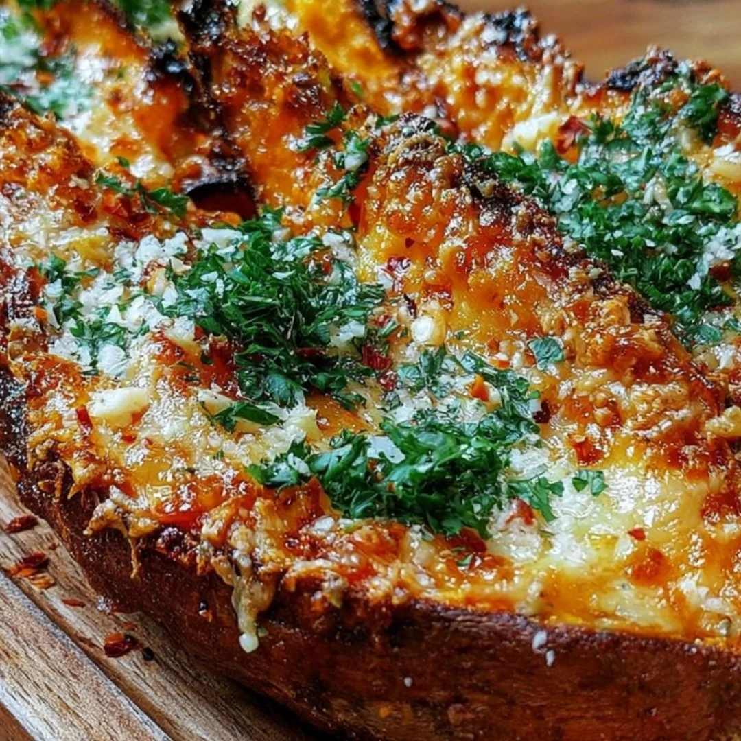 Baked Garlic Parmesan Sweet Potato Wedges served in a bowl