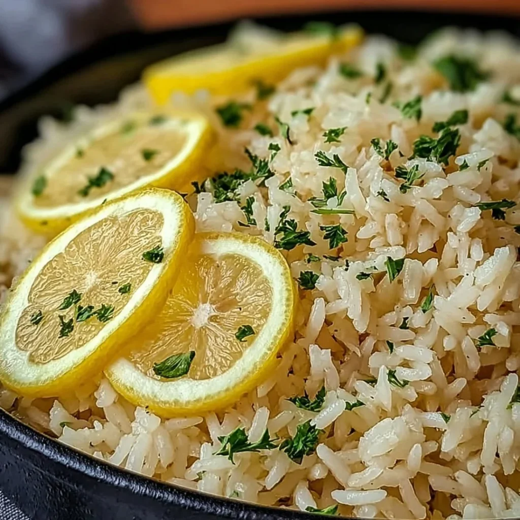 Bowl of Greek Lemon Rice garnished with herbs and lemon slices