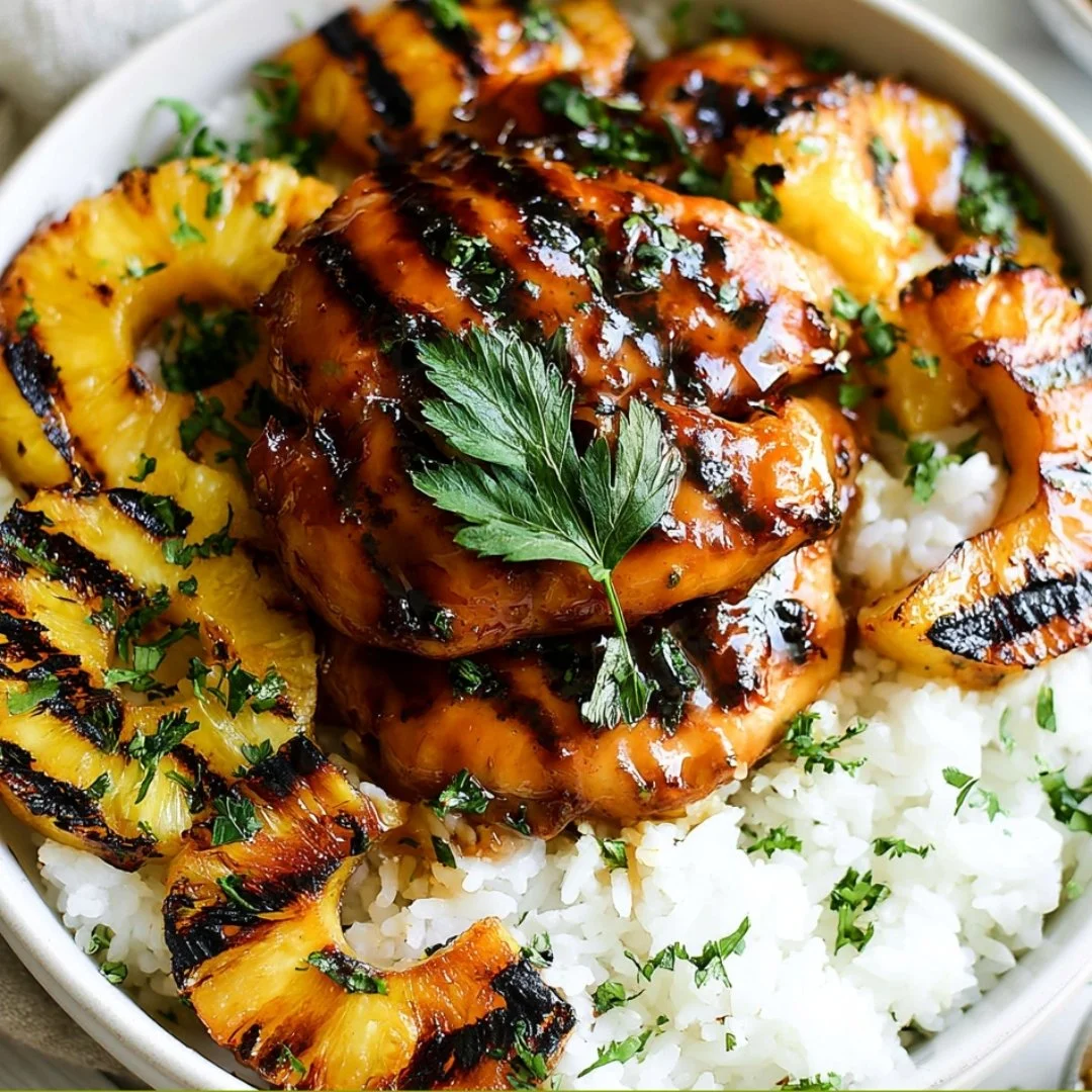 Hawaiian Chicken served with pineapple and coconut rice on a plate