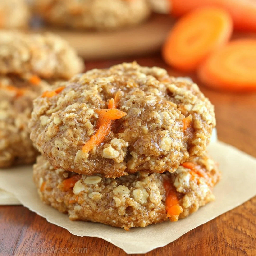 Healthy carrot cake oatmeal cookies on a cooling rack with icing