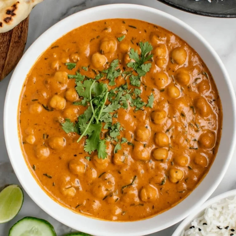 Bowl of healthy chickpea tikka masala garnished with herbs