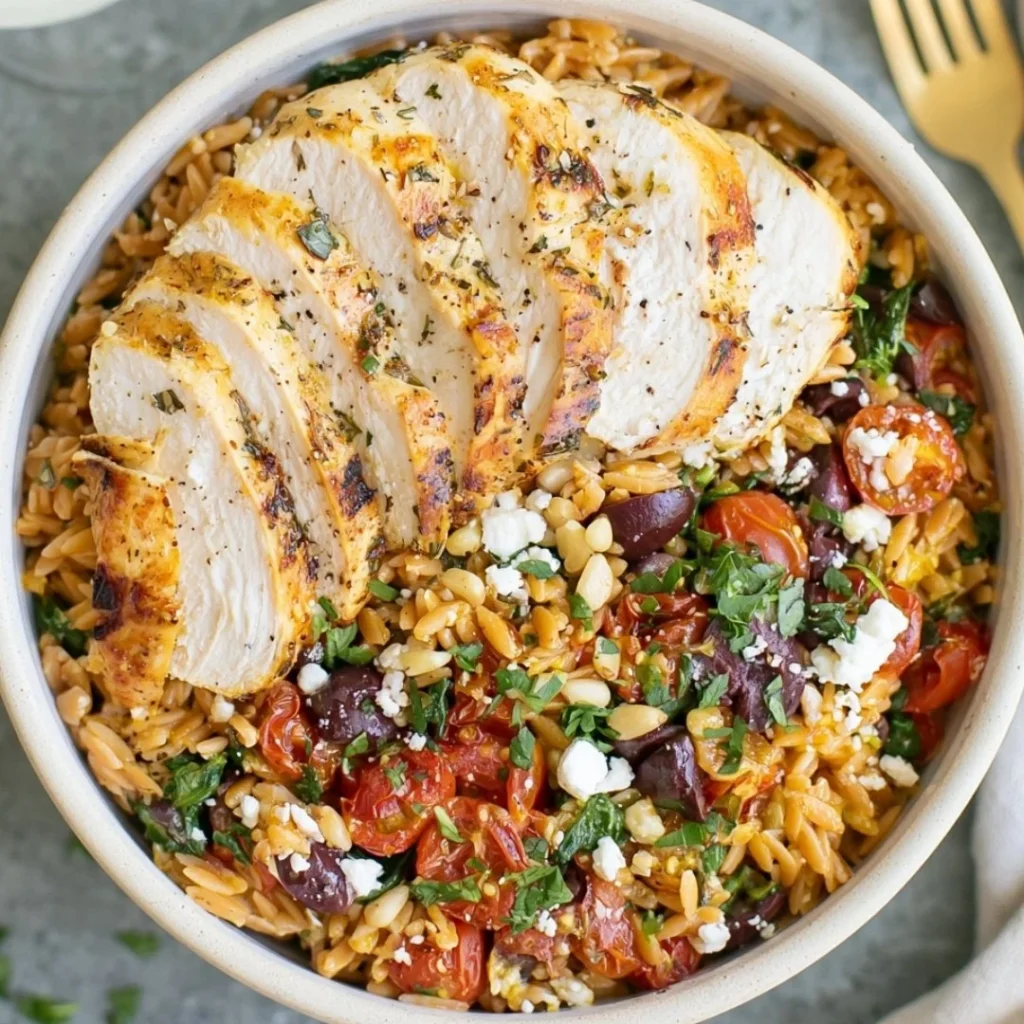 Delicious Mediterranean Chicken Orzo with high protein and vibrant veggies.