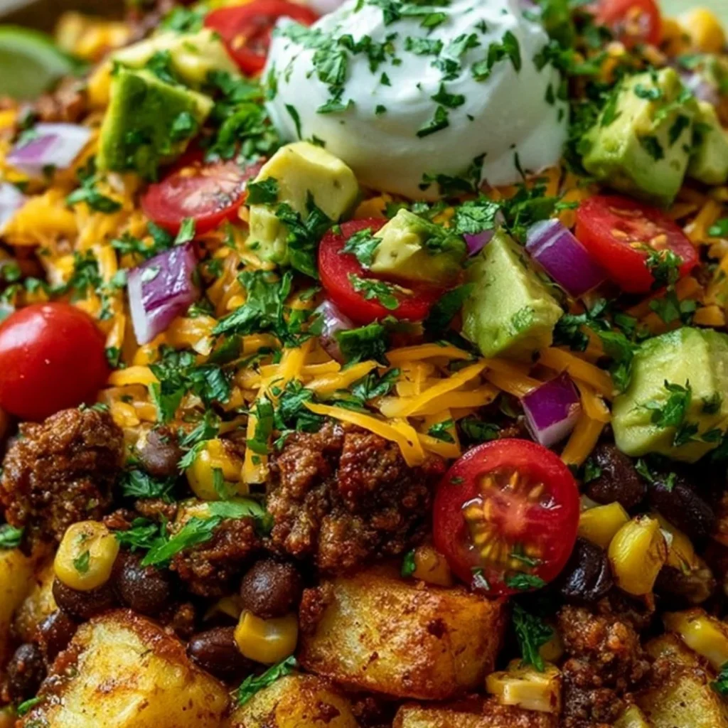A delicious loaded potato taco bowl with creamy potatoes and fresh toppings.