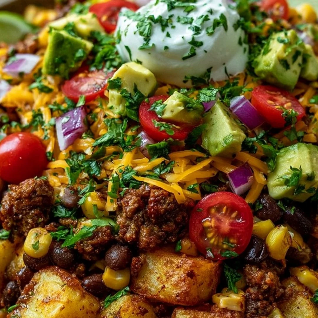 A delicious loaded potato taco bowl with creamy potatoes and fresh toppings.