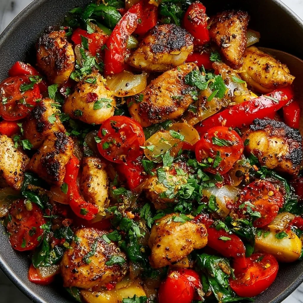 Colorful Mediterranean Chicken Stir Fry with vegetables in a skillet