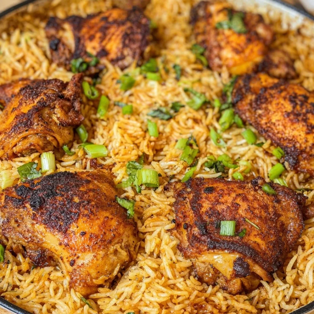 One Pot Chicken and Rice meal in a skillet, ready to serve.