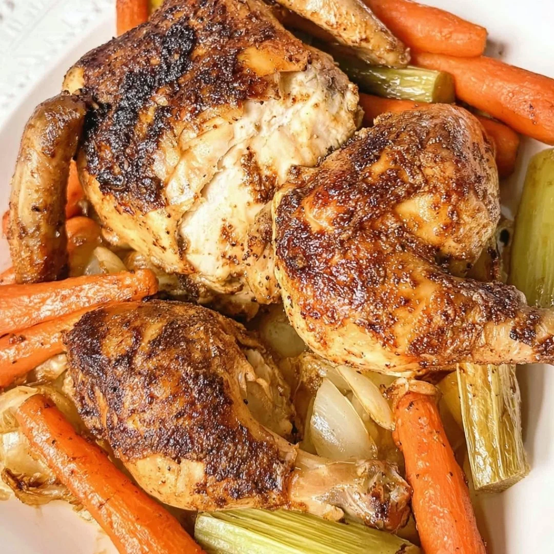 Juicy oven roasted chicken with crispy skin served on a plate