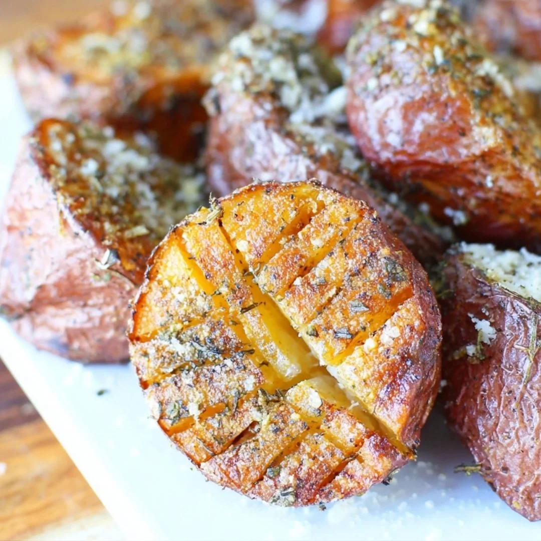 Oven roasted Parmesan potatoes served in a bowl, golden and crispy