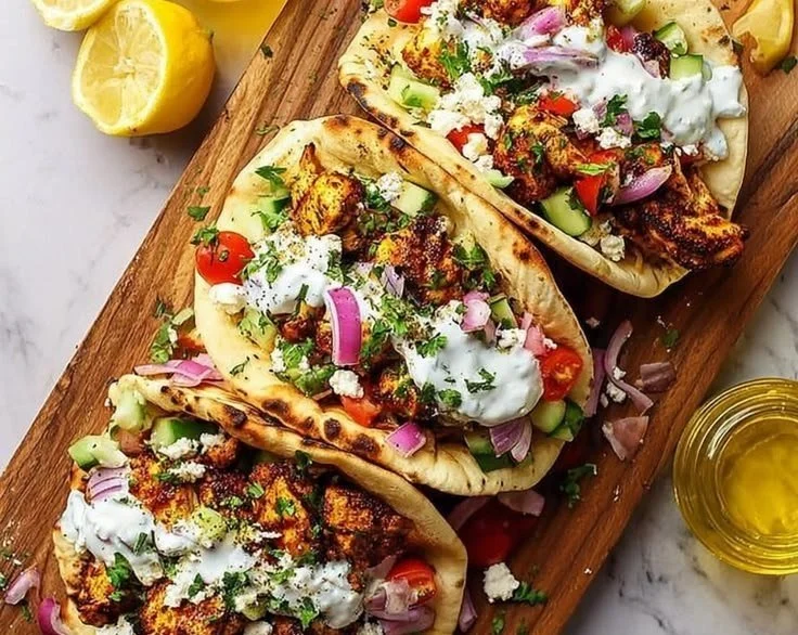 Plate of quick Mediterranean chicken tacos with fresh toppings