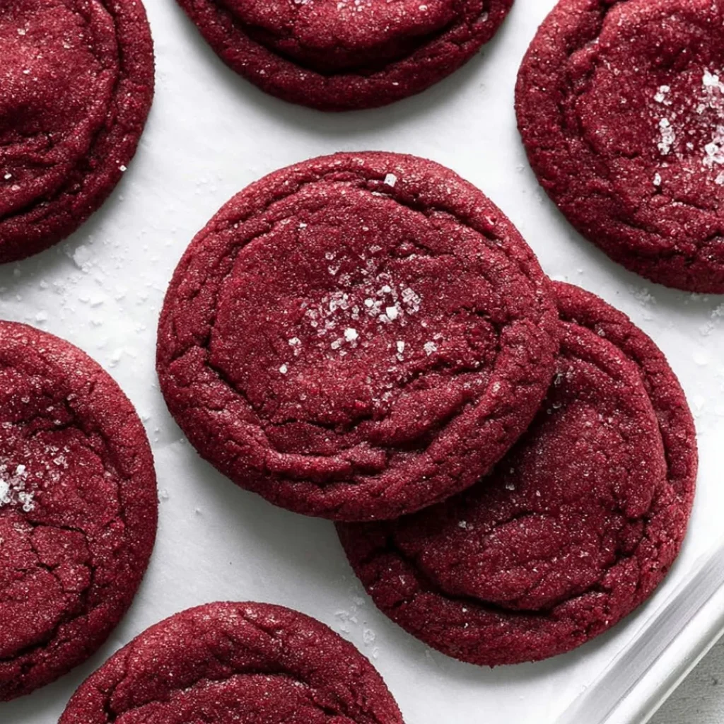 Freshly baked red velvet cookies on a rustic wooden table