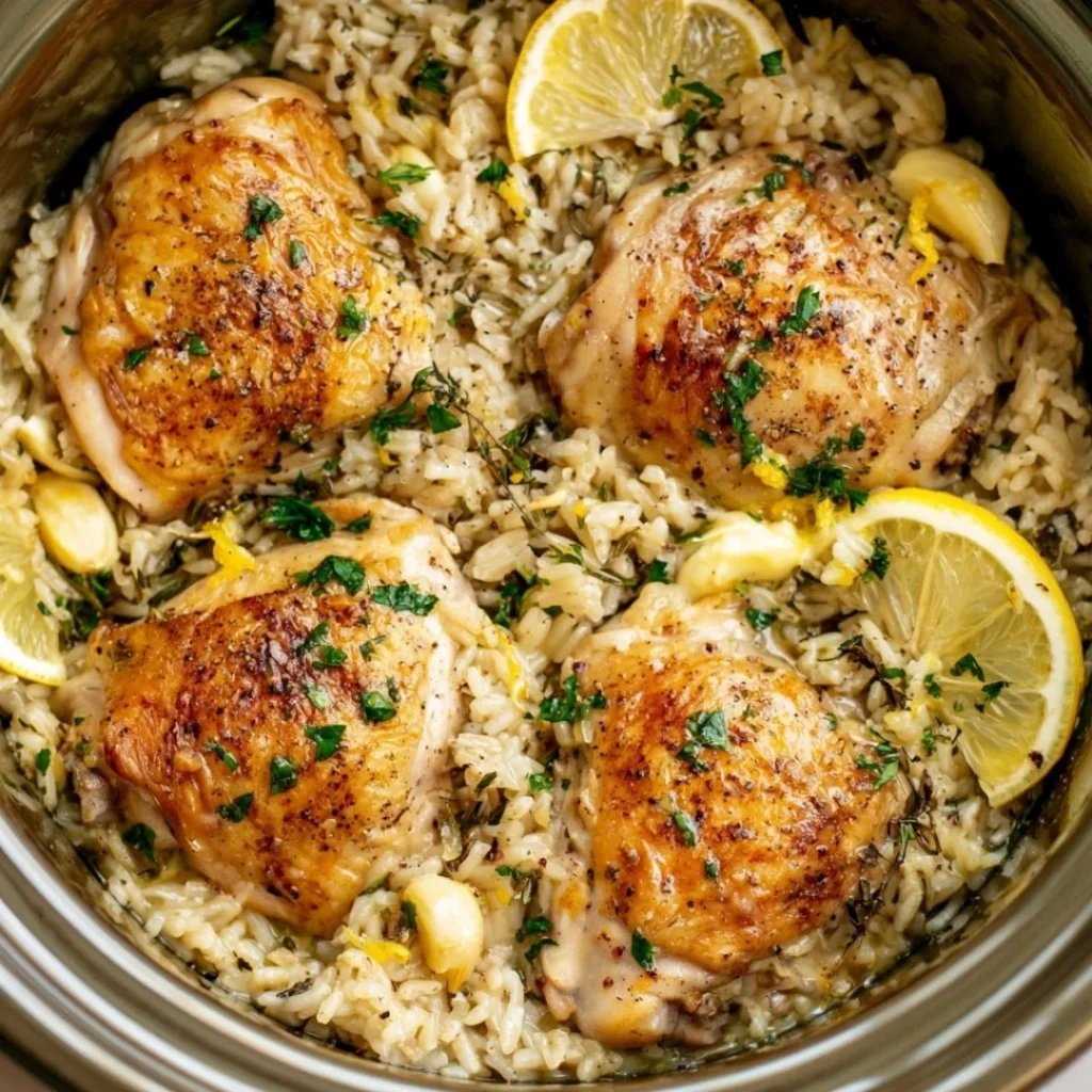 Slow cooker lemon herb chicken with fluffy rice served in a bowl.