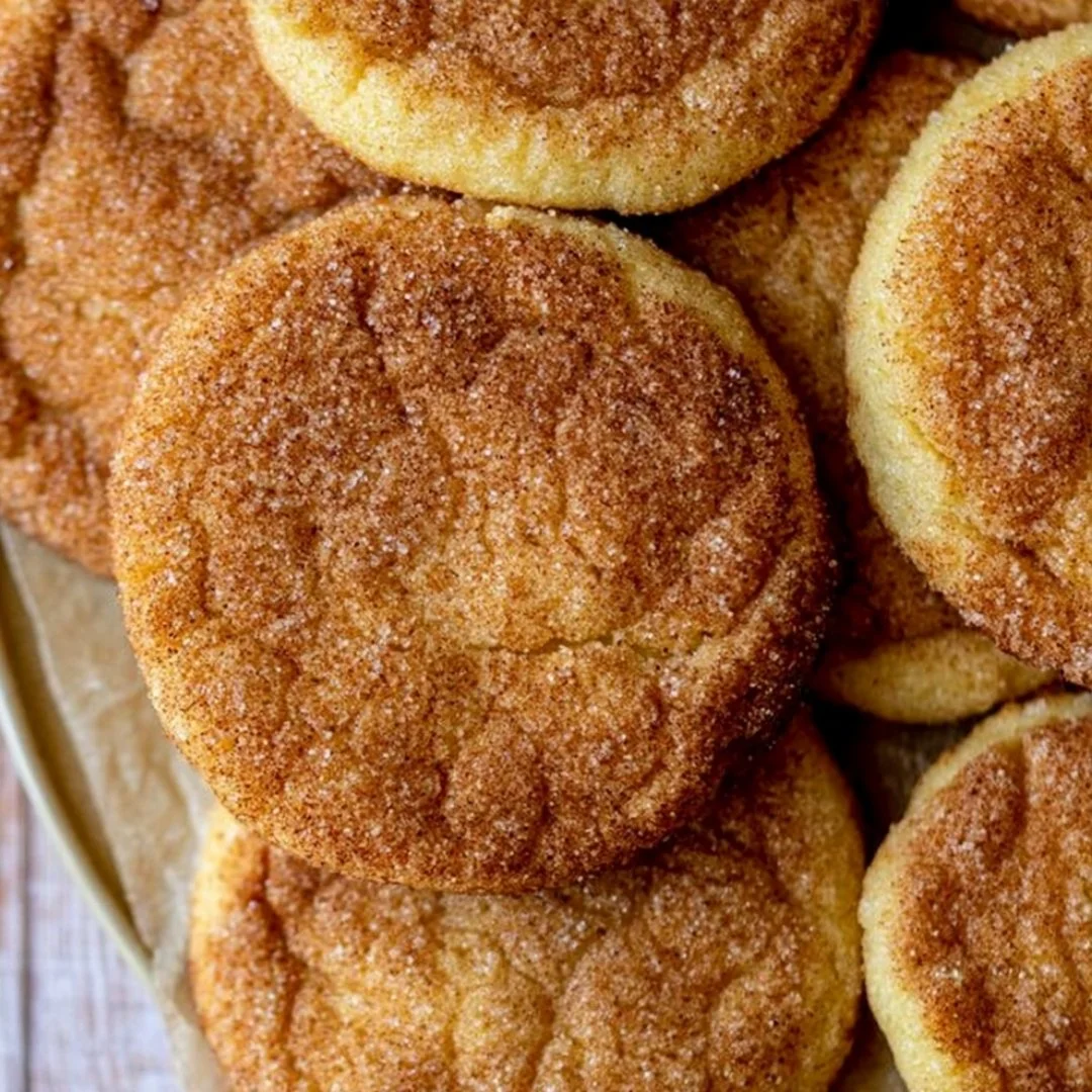 Plate of soft and chewy Snickerdoodle Cookies sprinkled with cinnamon sugar