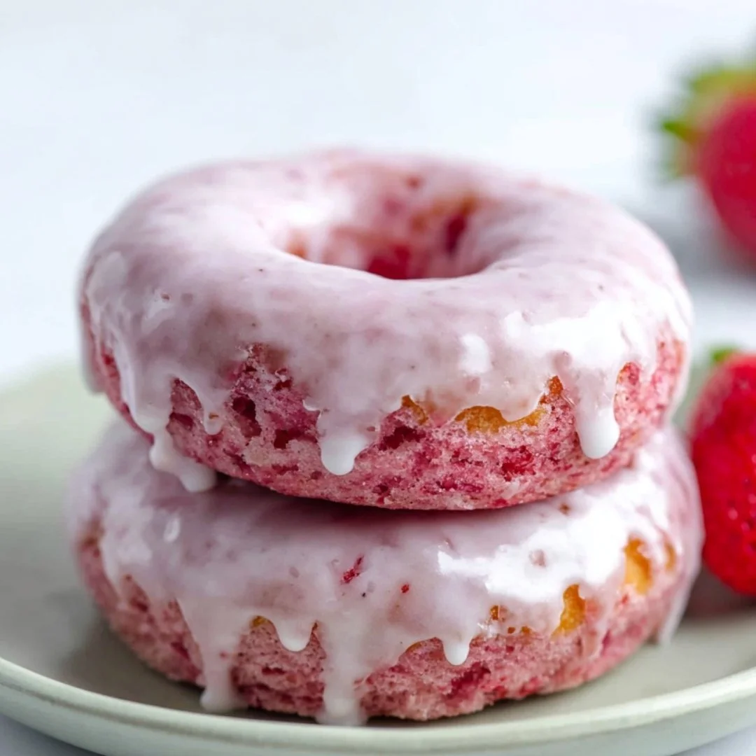 Freshly baked Strawberry Cake Donuts topped with strawberry glaze and sprinkles