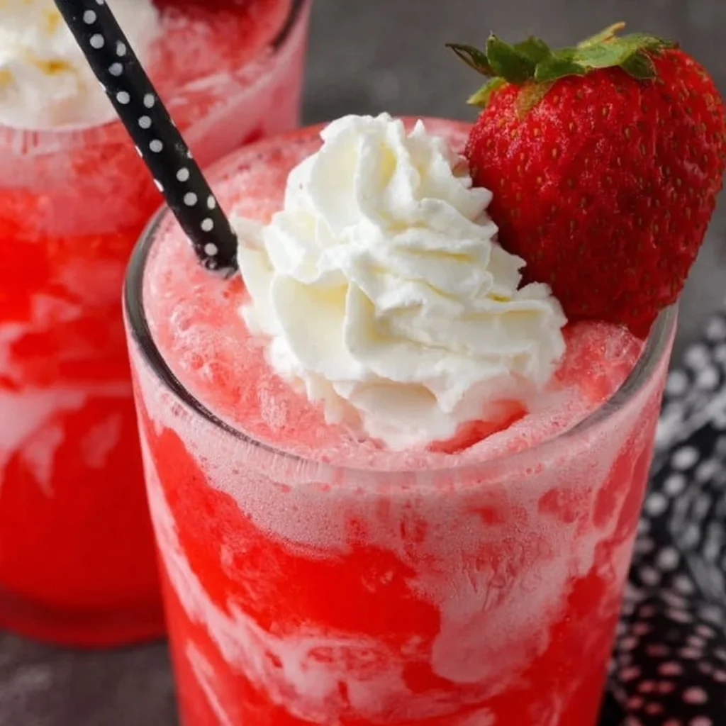 A refreshing glass of strawberry cream soda with fresh strawberries and whipped cream.