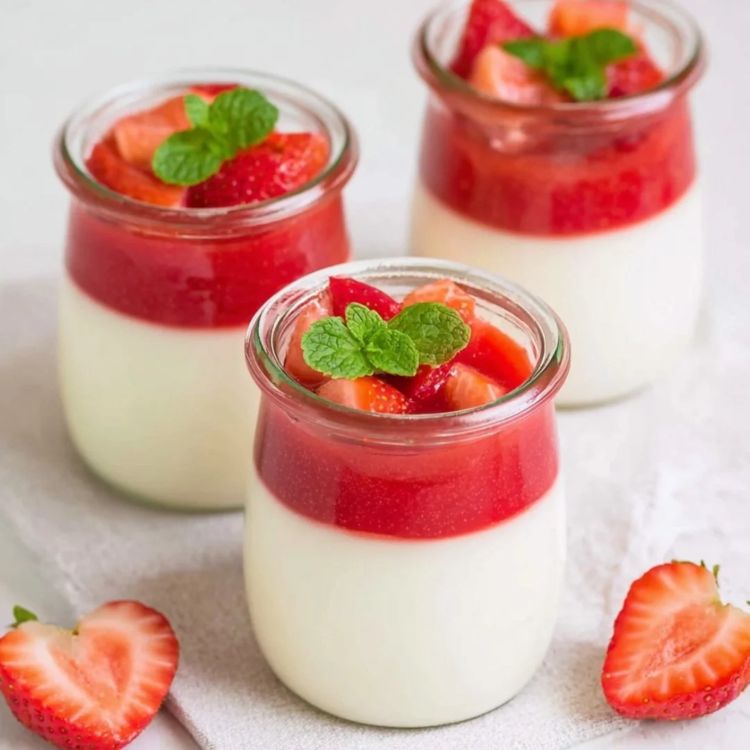 Delicious glass of Strawberry Panna Cotta topped with fresh strawberries
