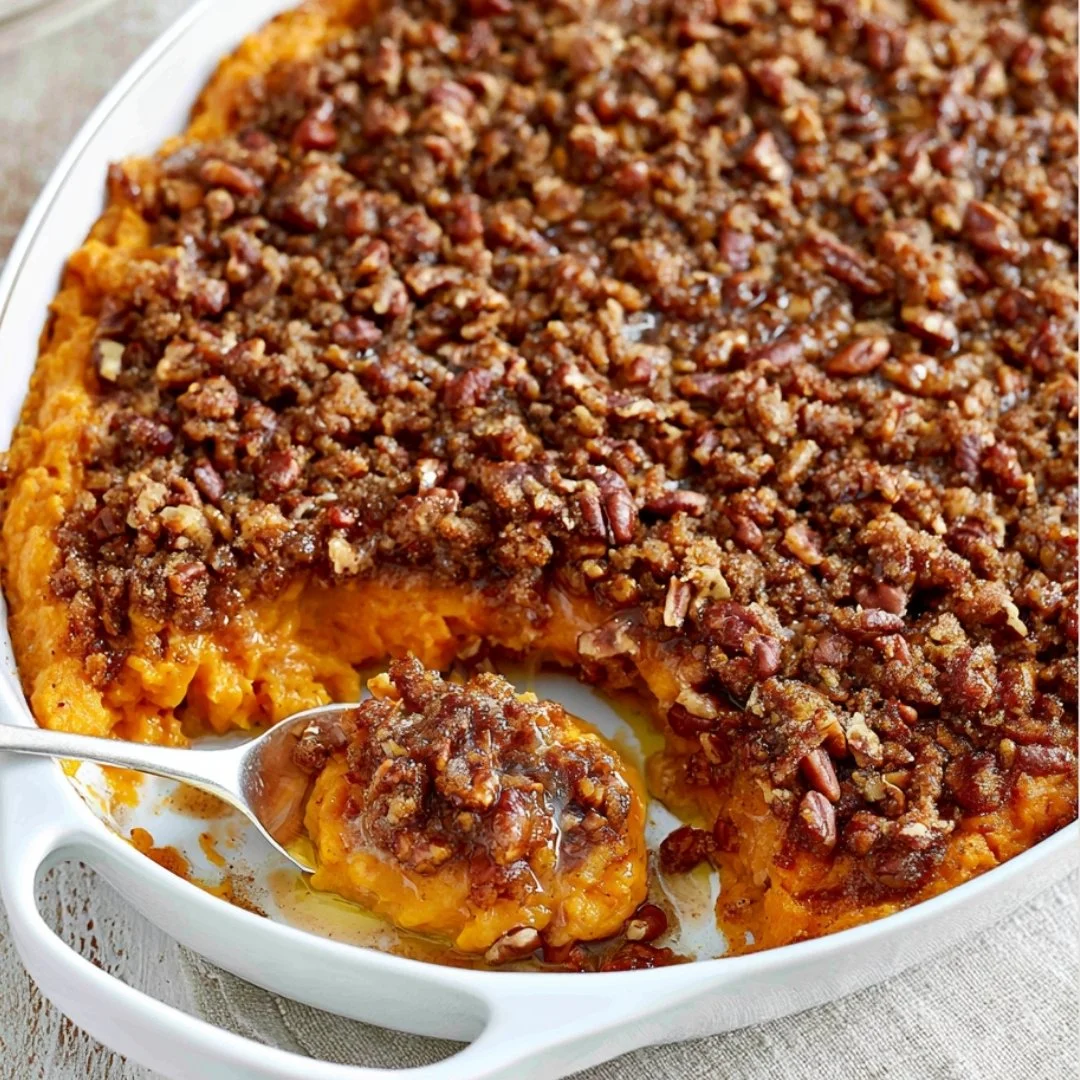 Delicious sweet potato casserole topped with marshmallows and nuts, served warm.