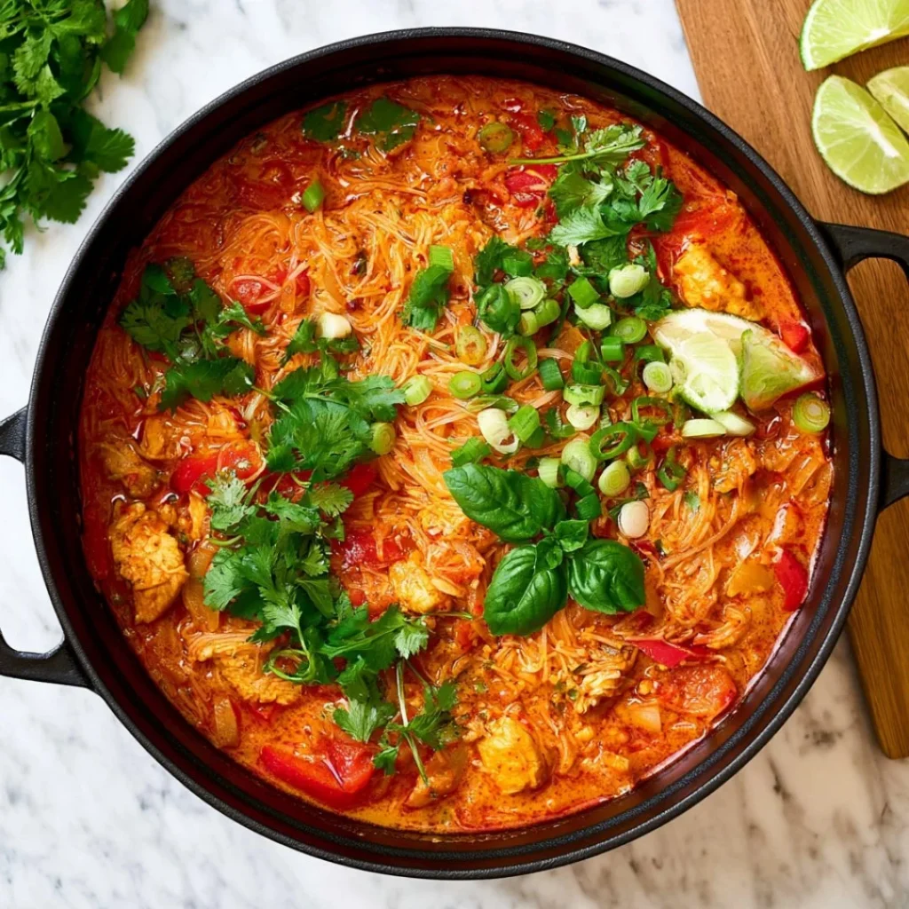 Bowl of flavorful Thai noodle soup with fresh herbs and spices
