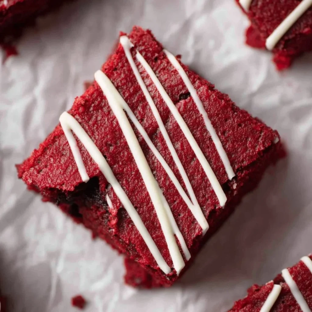 Fudgy red velvet brownies served on a plate with cream cheese frosting.