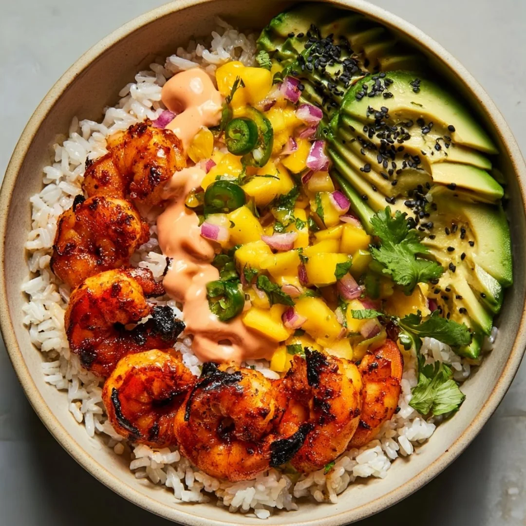 Delicious charred shrimp and avocado bowl ready to serve.