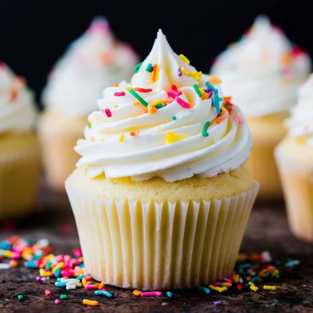 Frosted vanilla cupcakes decorated with sprinkles on a white plate