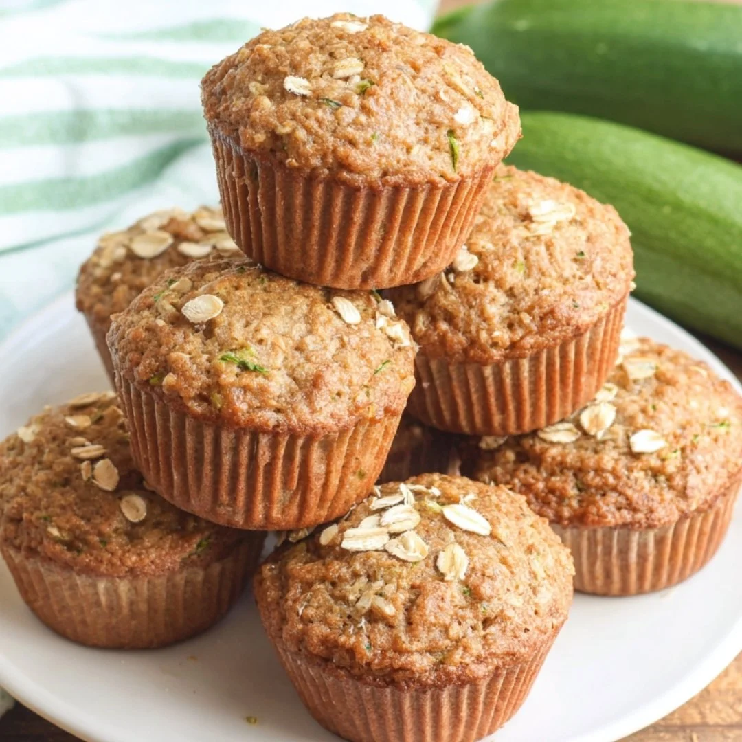 Freshly baked Zucchini Oatmeal Muffins on a wooden table