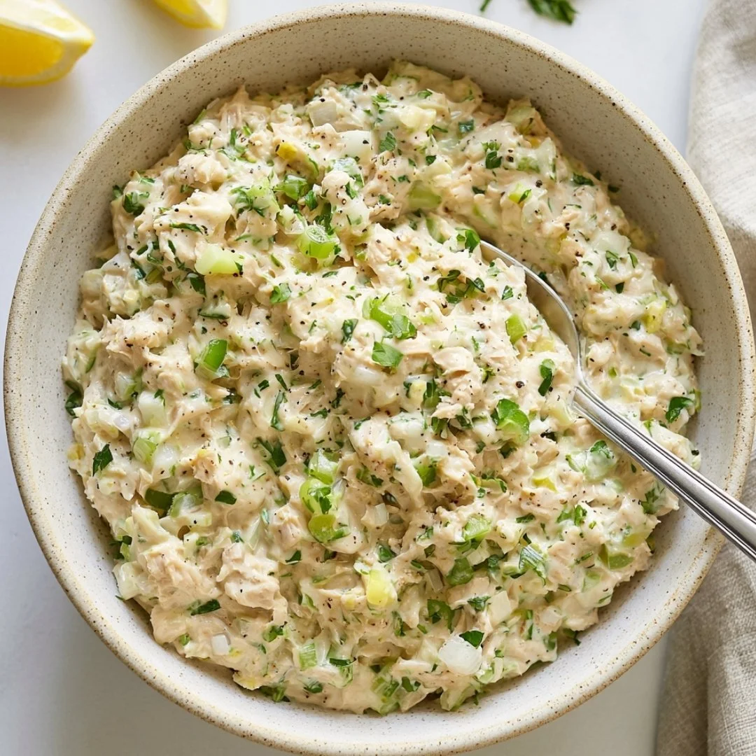 Delicious easy tuna salad recipe served in a bowl with fresh ingredients.