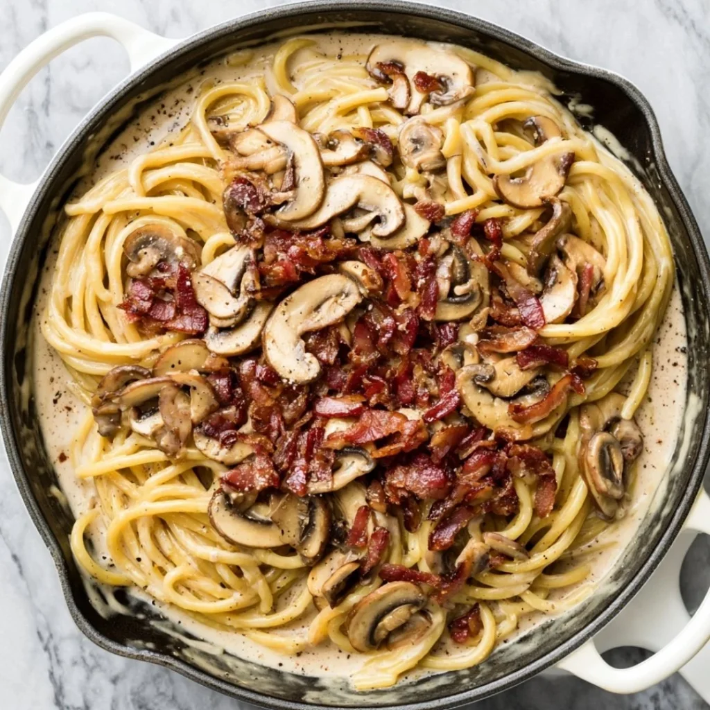 Delicious bacon mushroom pasta served in a bowl with fresh herbs