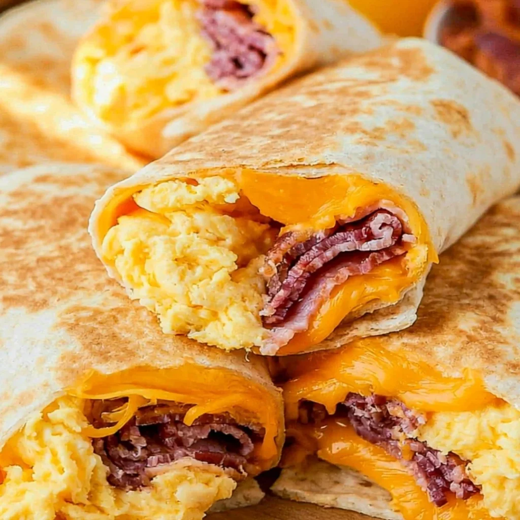 Bacon egg and cheese breakfast burritos on a plate