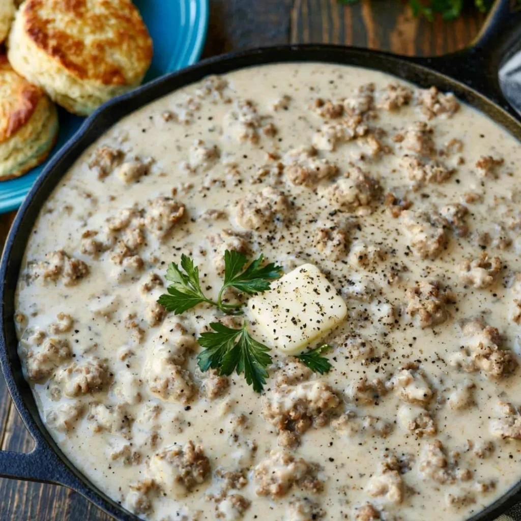 Delicious biscuits and gravy served in a rustic bowl, perfect for breakfast.
