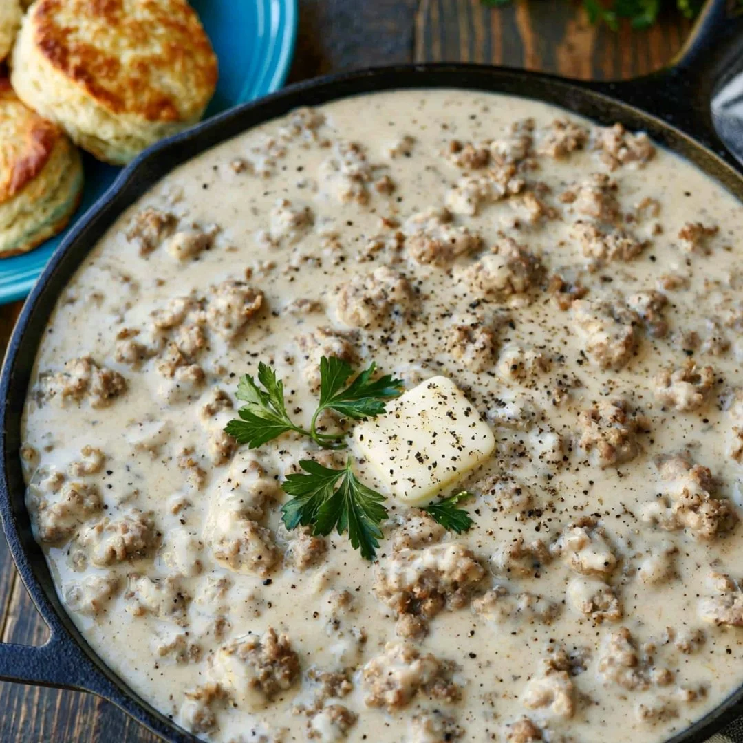 Delicious biscuits and gravy served in a rustic bowl, perfect for breakfast.