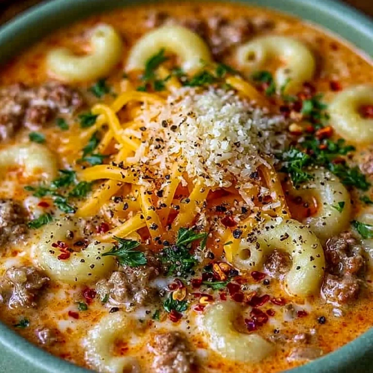 Delicious bowl of cheeseburger macaroni soup topped with cheese and herbs