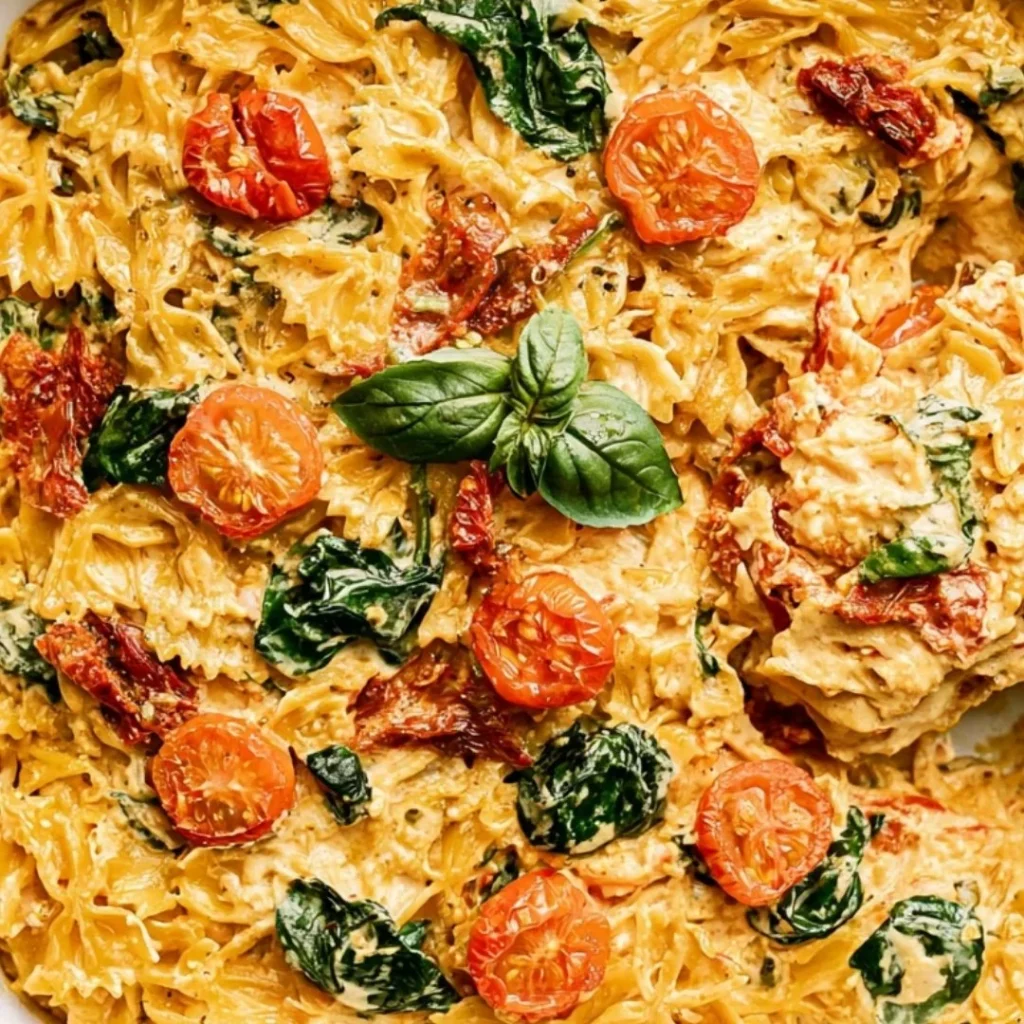 Cozy cream cheese pasta bake topped with fresh herbs and cheese