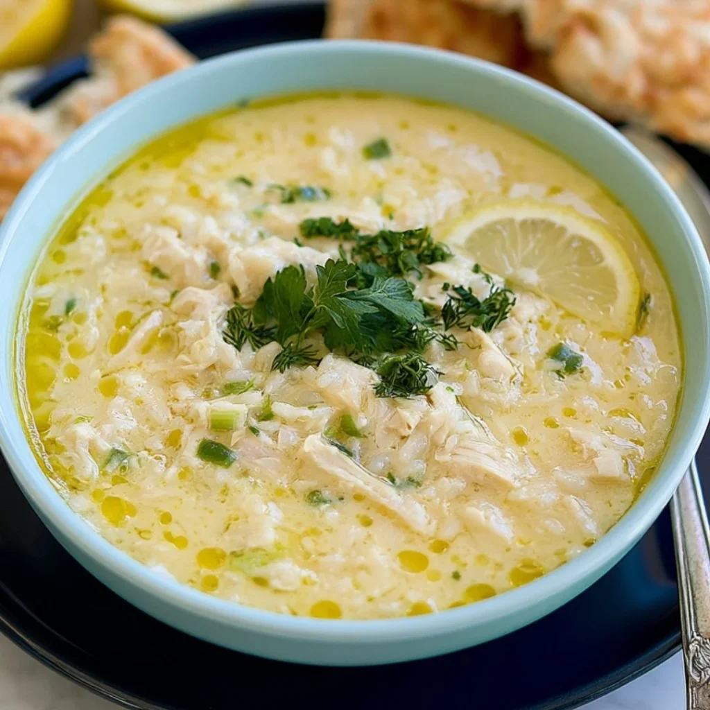 Bowl of cozy Egg-Lemon Soup garnished with lemon and herbs