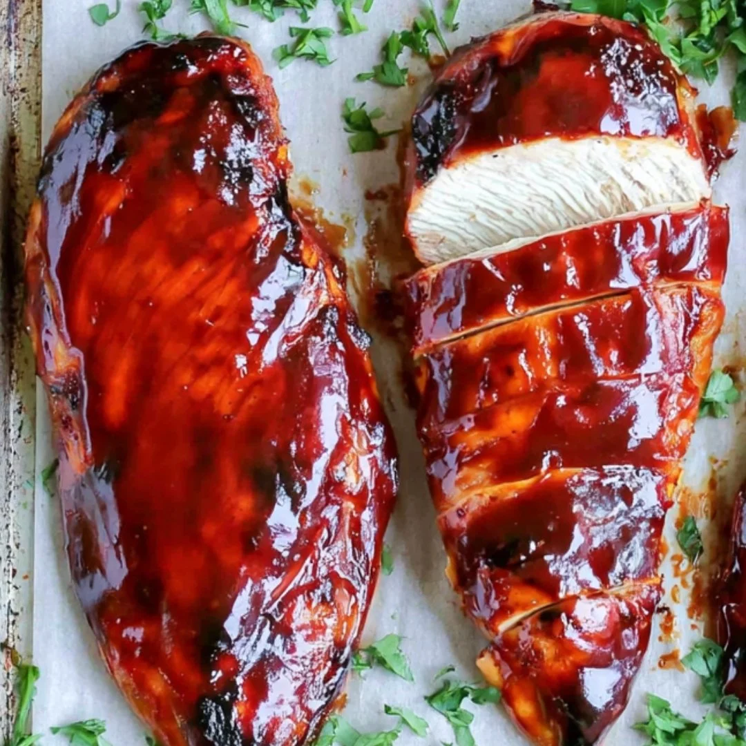 Oven roasted BBQ chicken served on a plate with delicious barbecue sauce.