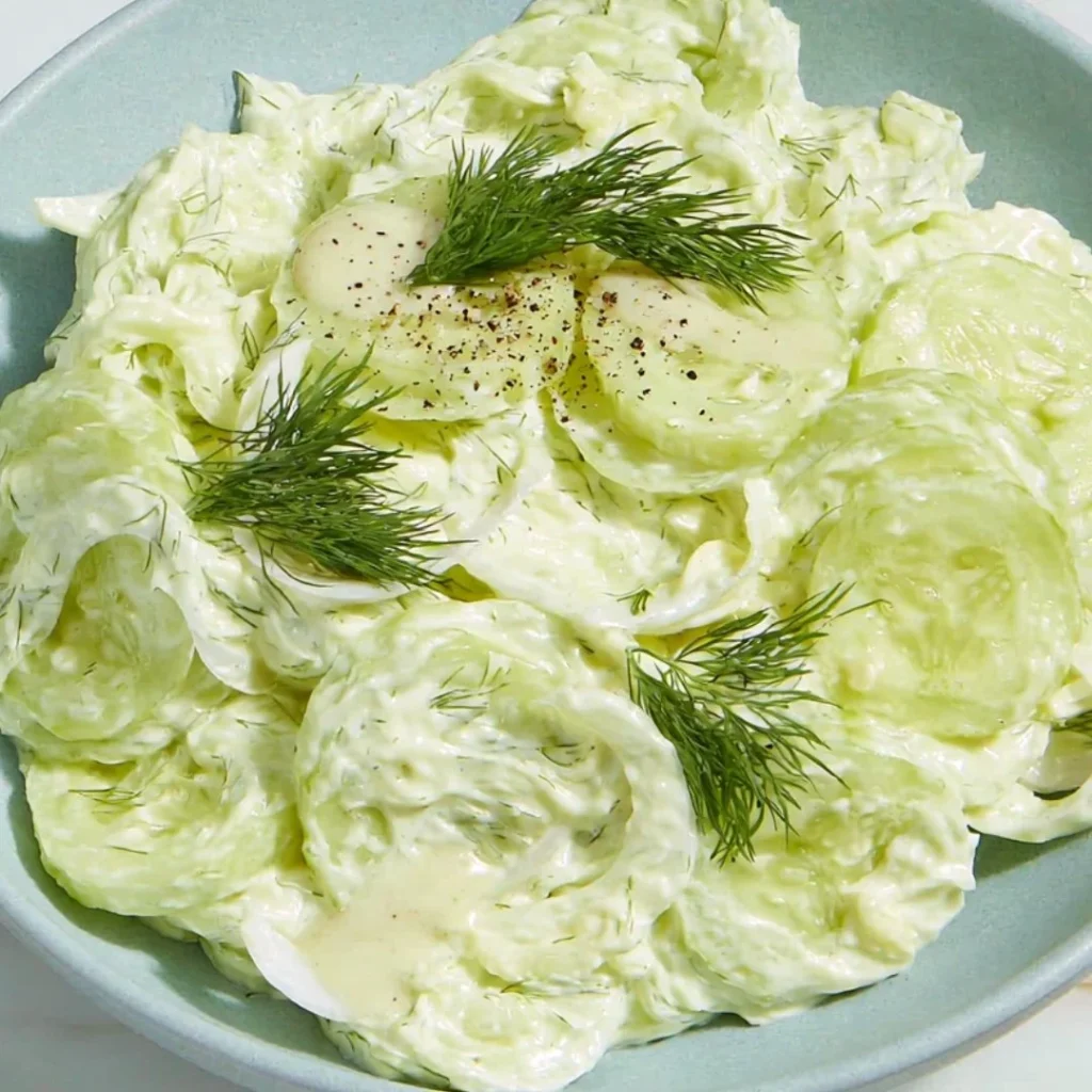 Creamy cucumber salad with fresh ingredients served in a bowl.