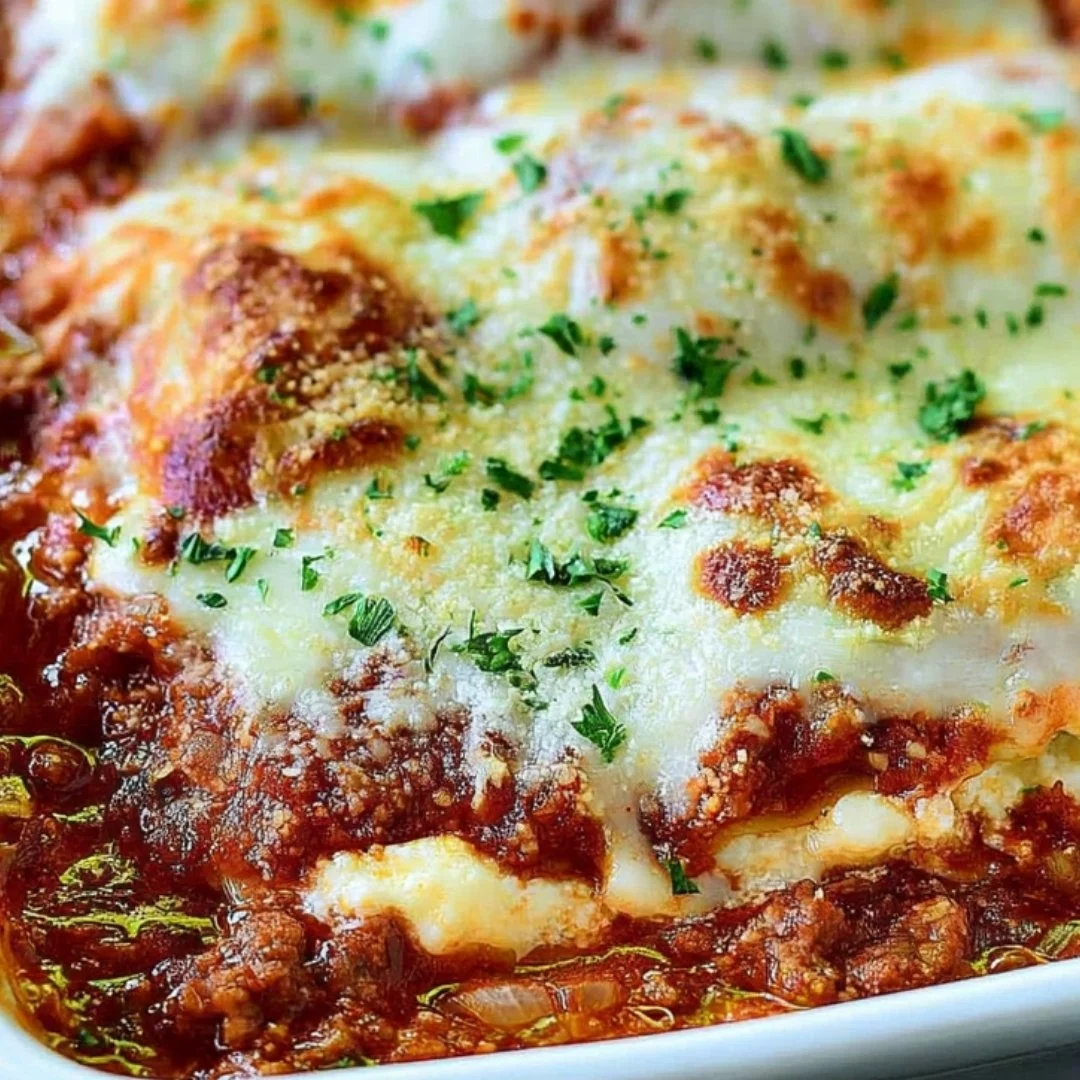 Delicious easy cheesy ravioli lasagna served in a baking dish
