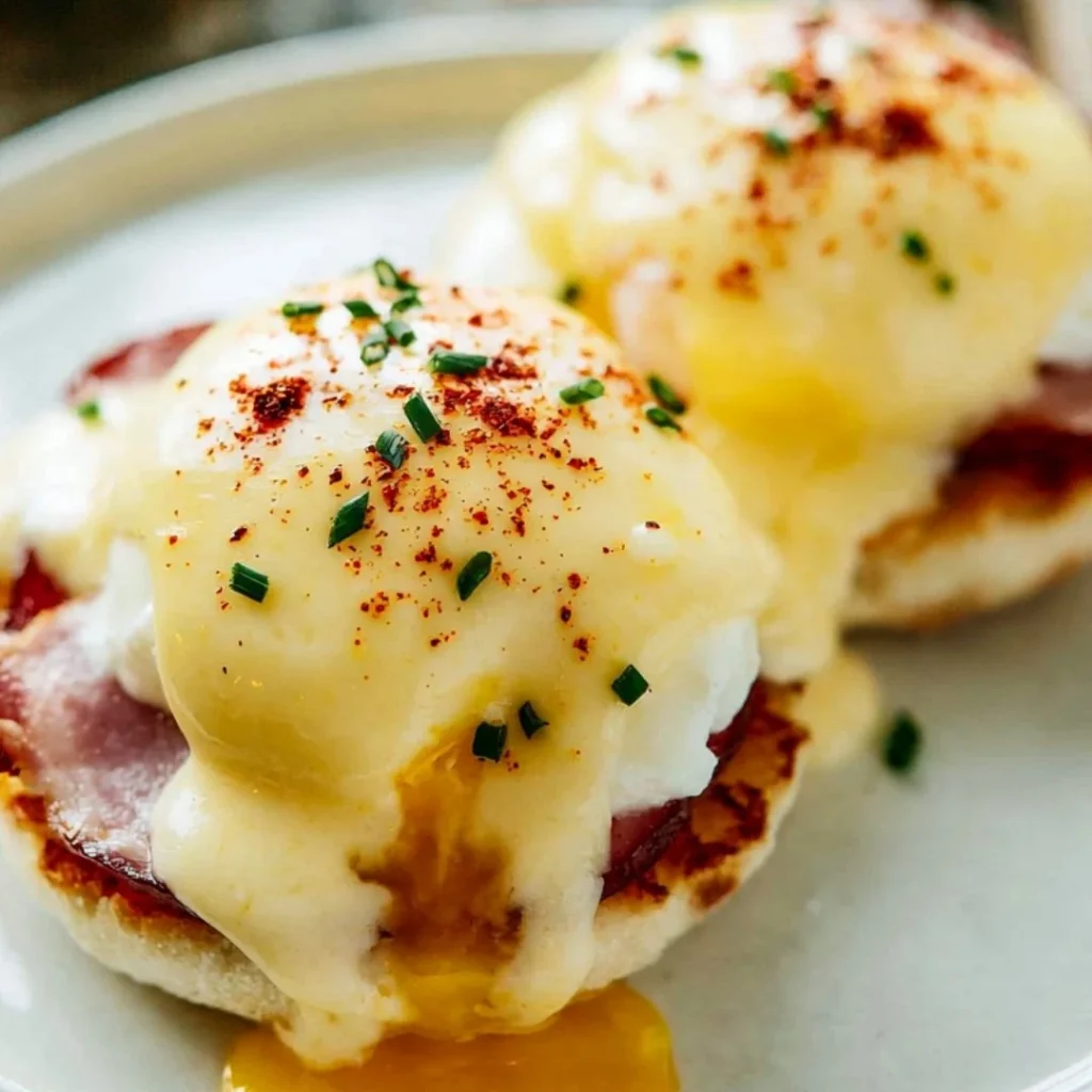 Delicious homemade Eggs Benedict topped with hollandaise sauce