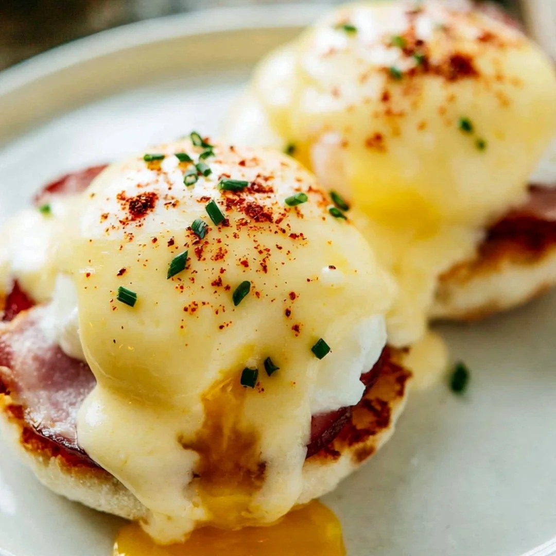 Delicious homemade Eggs Benedict topped with hollandaise sauce
