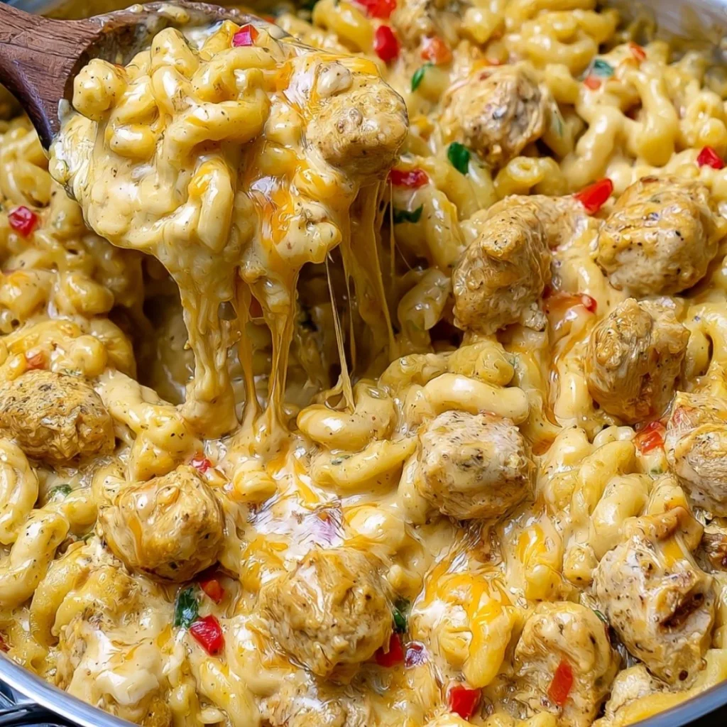 Creamy Fajita Mac and Cheese with colorful peppers and spices