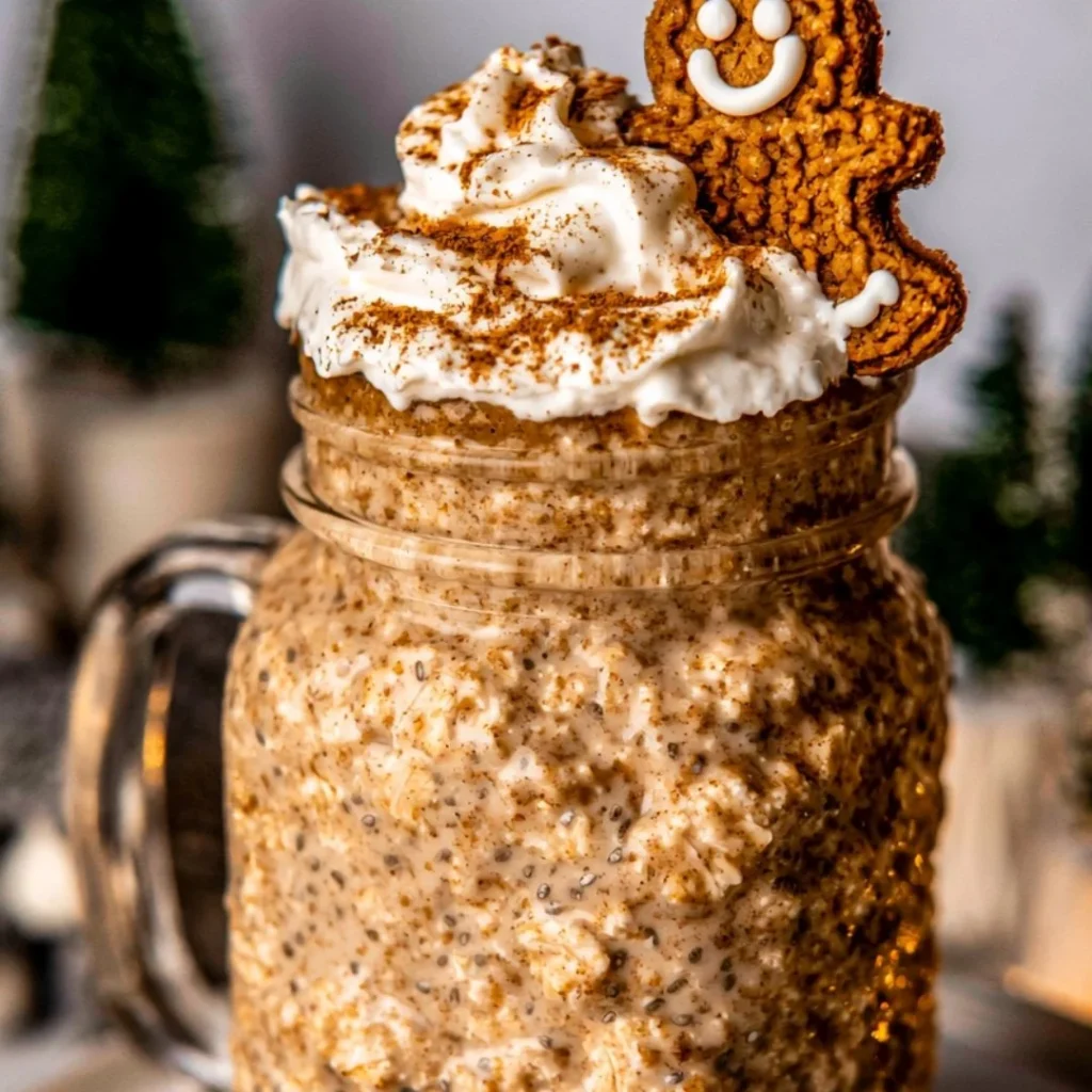High-protein gingerbread overnight oats in a jar topped with spices and nuts