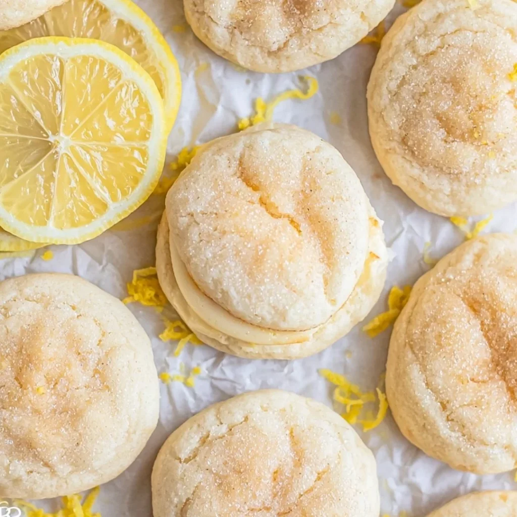 Lemon cheesecake cookies on a plate with a slice cut out