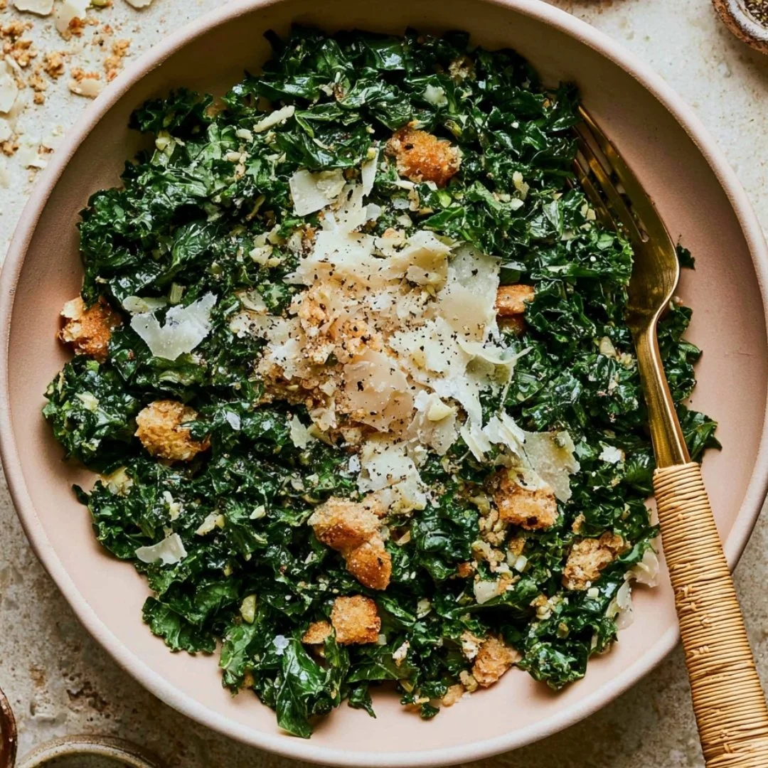 Lemon Parm Kale Salad with lemon dressing and grated Parmesan cheese