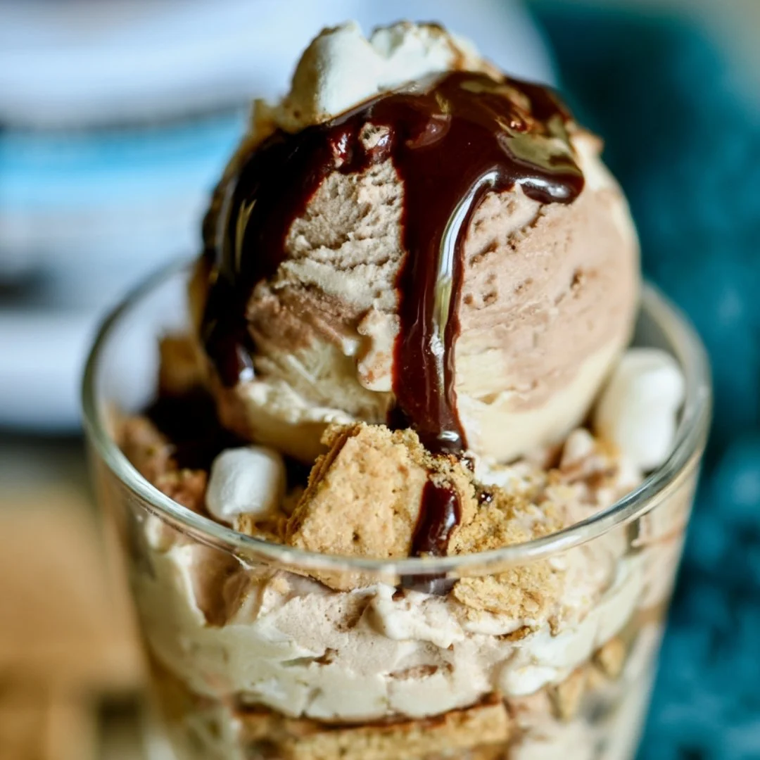 Delicious Ninja Creami S'mores Ice Cream topped with chocolate and graham crackers.