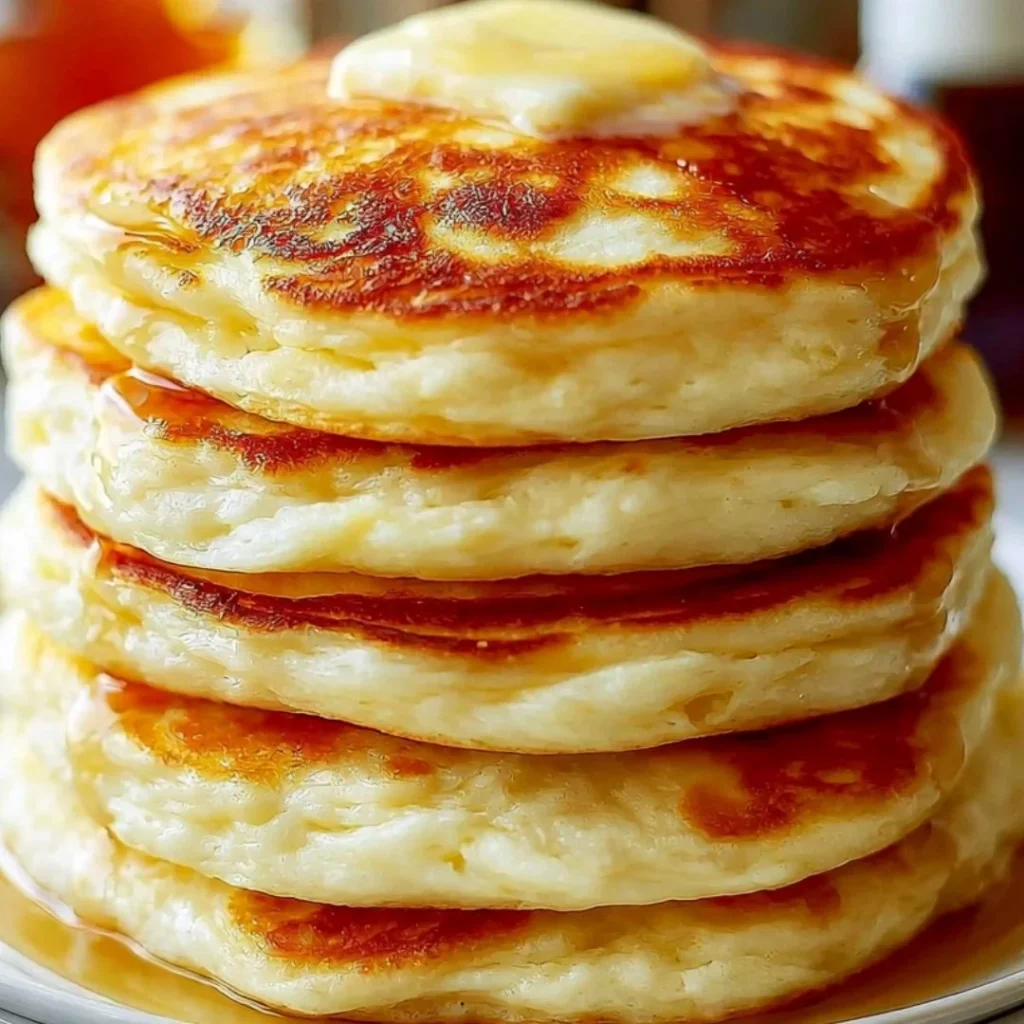 Fluffy old-fashioned pancakes served on a plate with syrup and berries.