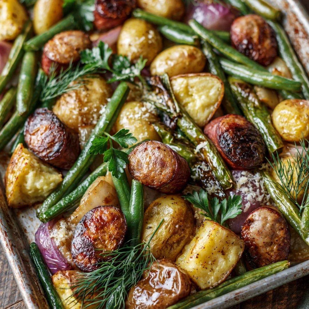 One pan sausage with green beans and potatoes dish ready to serve.