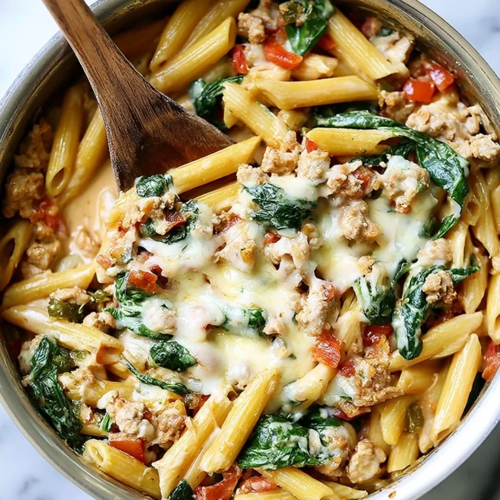 One-pot penne pasta with turkey and spinach served in a bowl