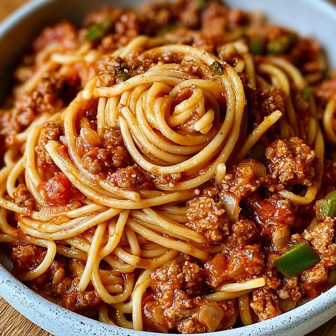 A delicious plate of Southern spaghetti garnished with herbs and parmesan cheese.