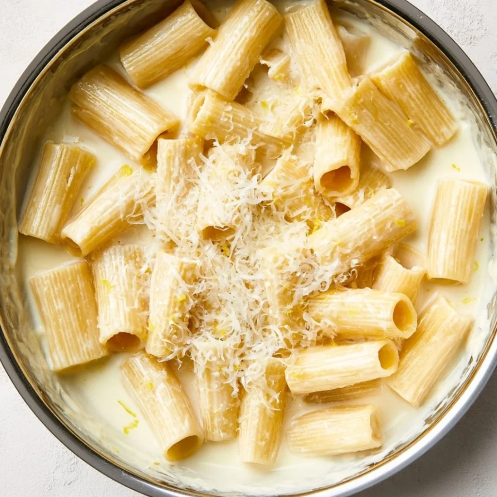 Creamy lemon pasta served in a bowl topped with herbs and lemon zest.