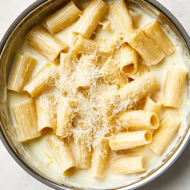 Creamy lemon pasta served in a bowl topped with herbs and lemon zest.